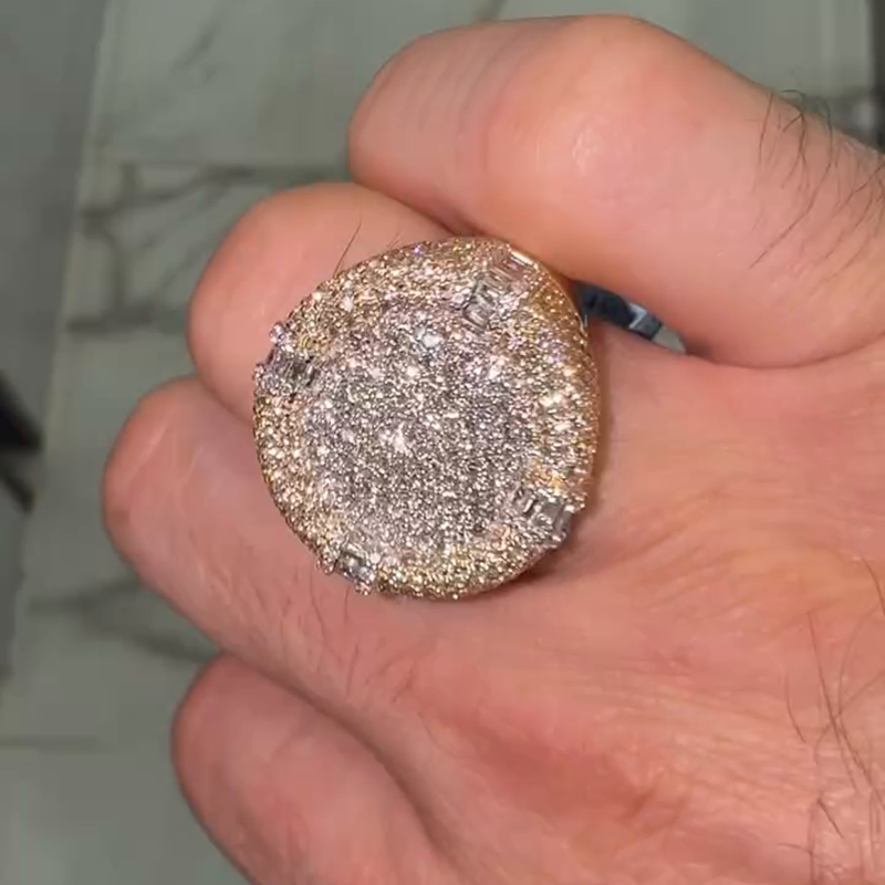 4.5ct Round & Baguette Cut White Sapphire Yellow Gold Handmade Men's Ring