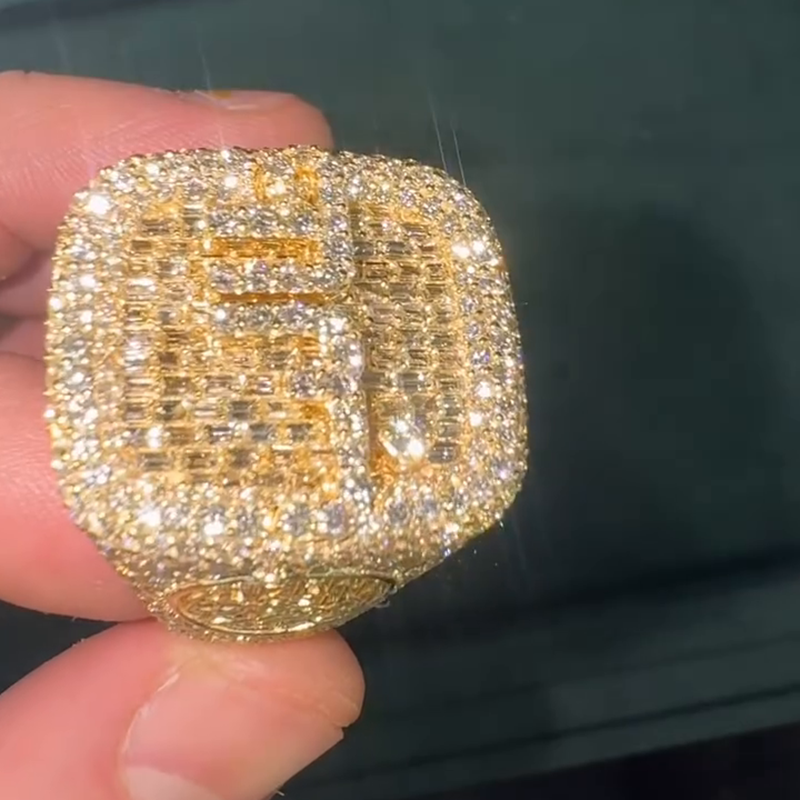 10ctw Baguette & Round Cut White Sapphire Full Pave Set Yellow Gold Handmade Men's Ring