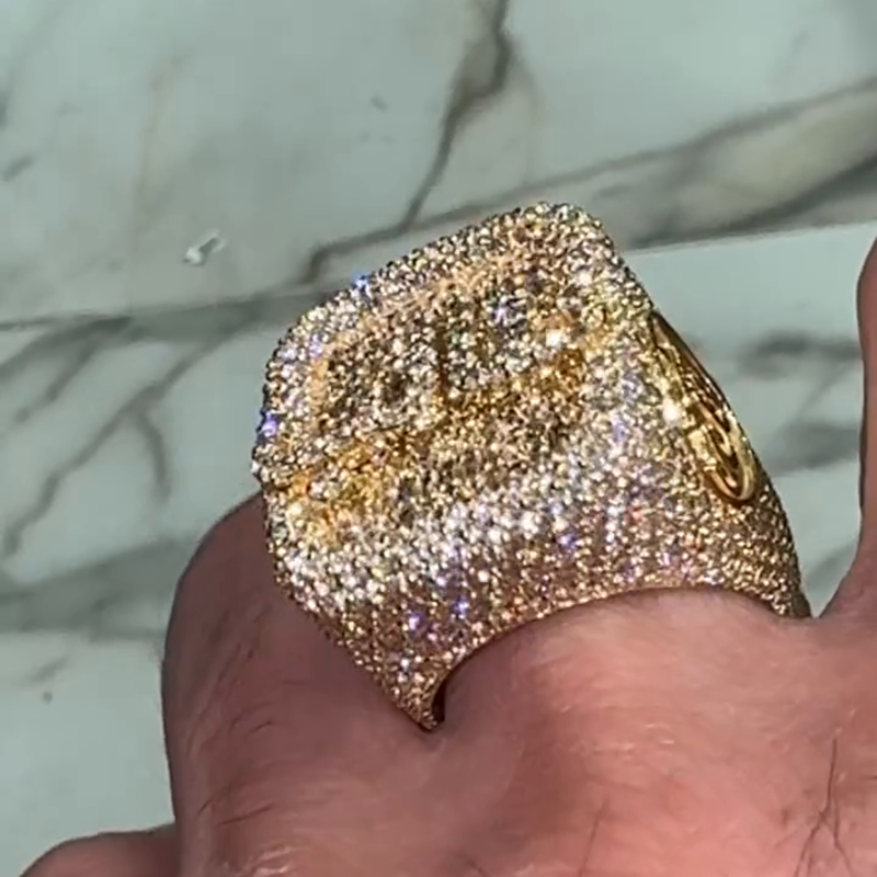 10ctw Baguette & Round Cut White Sapphire Full Pave Set Yellow Gold Handmade Men's Ring