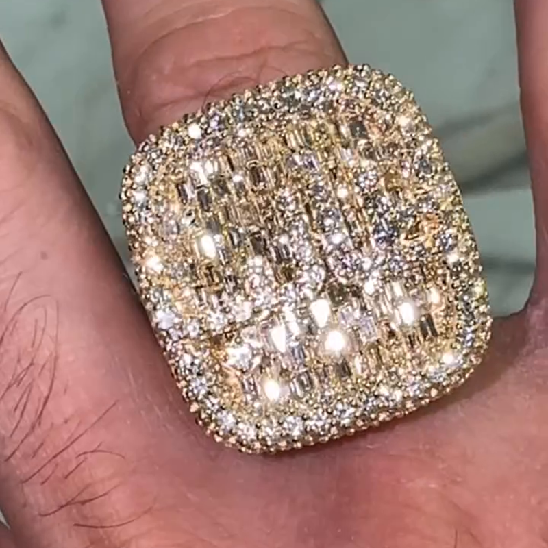 10ctw Baguette & Round Cut White Sapphire Full Pave Set Yellow Gold Handmade Men's Ring