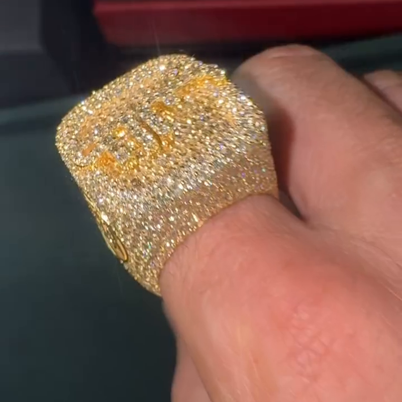 10ctw Baguette & Round Cut White Sapphire Full Pave Set Yellow Gold Handmade Men's Ring