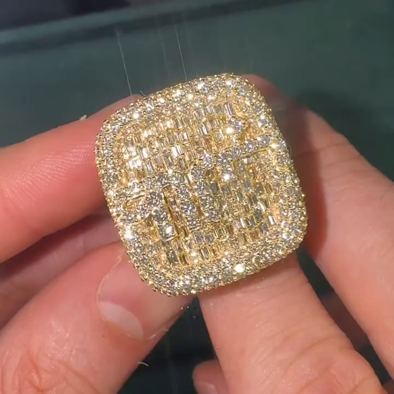 10ctw Baguette & Round Cut White Sapphire Full Pave Set Yellow Gold Handmade Men's Ring