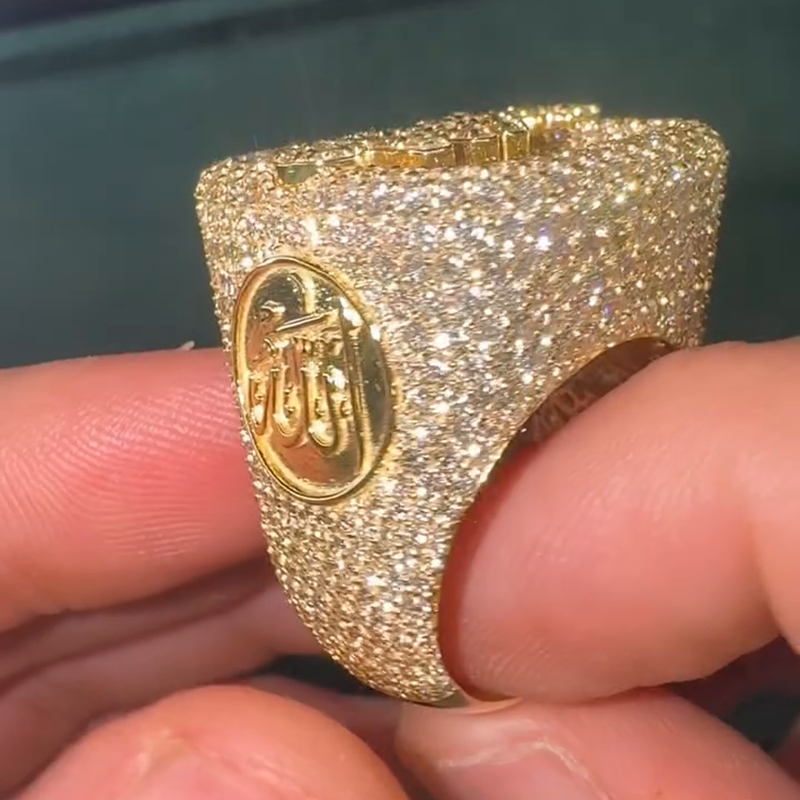 10ctw Baguette & Round Cut White Sapphire Full Pave Set Yellow Gold Handmade Men's Ring