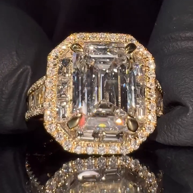 15ct Emerald Cut White Sapphire Halo Yellow Gold Handmade Men's Iced Out Ring