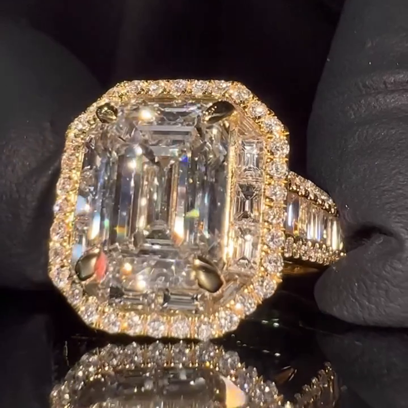 15ct Emerald Cut White Sapphire Halo Yellow Gold Handmade Men's Iced Out Ring
