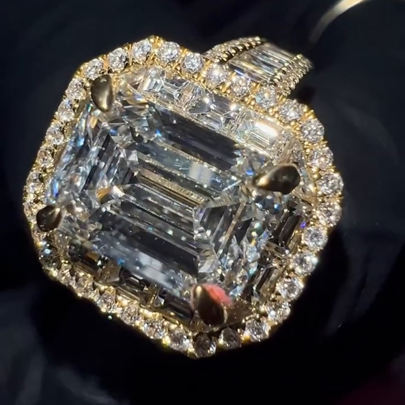 15ct Emerald Cut White Sapphire Halo Yellow Gold Handmade Men's Iced Out Ring