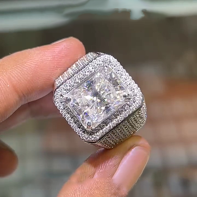 12ct Radiant Cut White Sapphire Pave Set Handmade Men's Ring