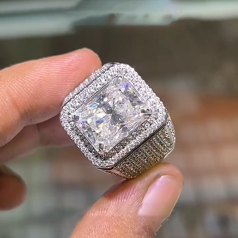 12ct Radiant Cut White Sapphire Pave Set Handmade Men's Ring