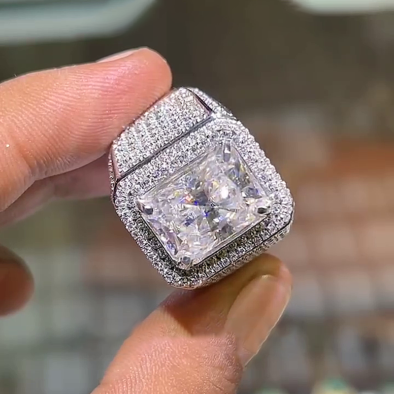 12ct Radiant Cut White Sapphire Pave Set Handmade Men's Ring