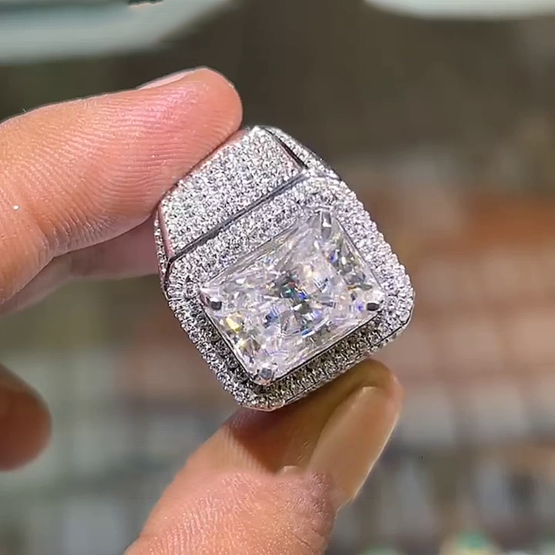 12ct Radiant Cut White Sapphire Pave Set Handmade Men's Ring