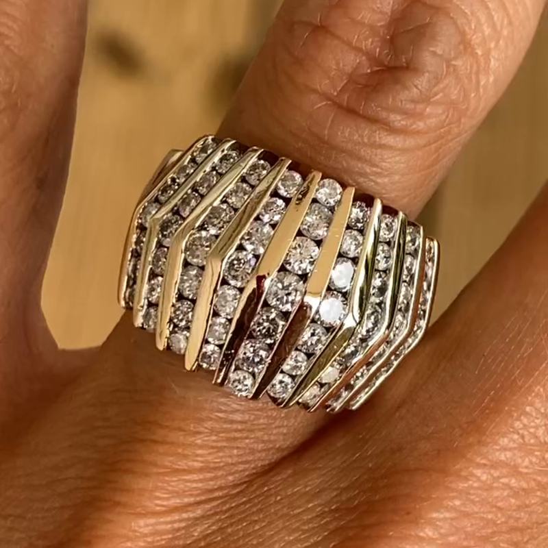 8.5ctw Round Cut White Sapphire Lines Handmade Yellow Gold Ring