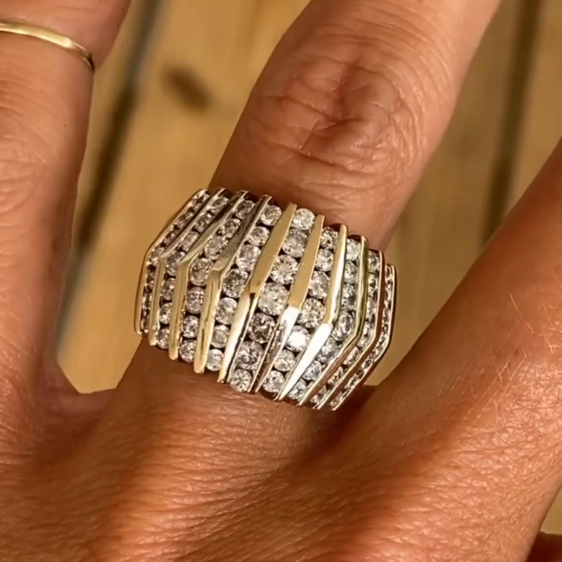 8.5ctw Round Cut White Sapphire Lines Handmade Yellow Gold Ring