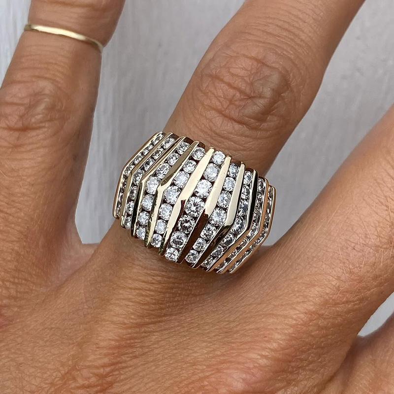 8.5ctw Round Cut White Sapphire Lines Handmade Yellow Gold Ring