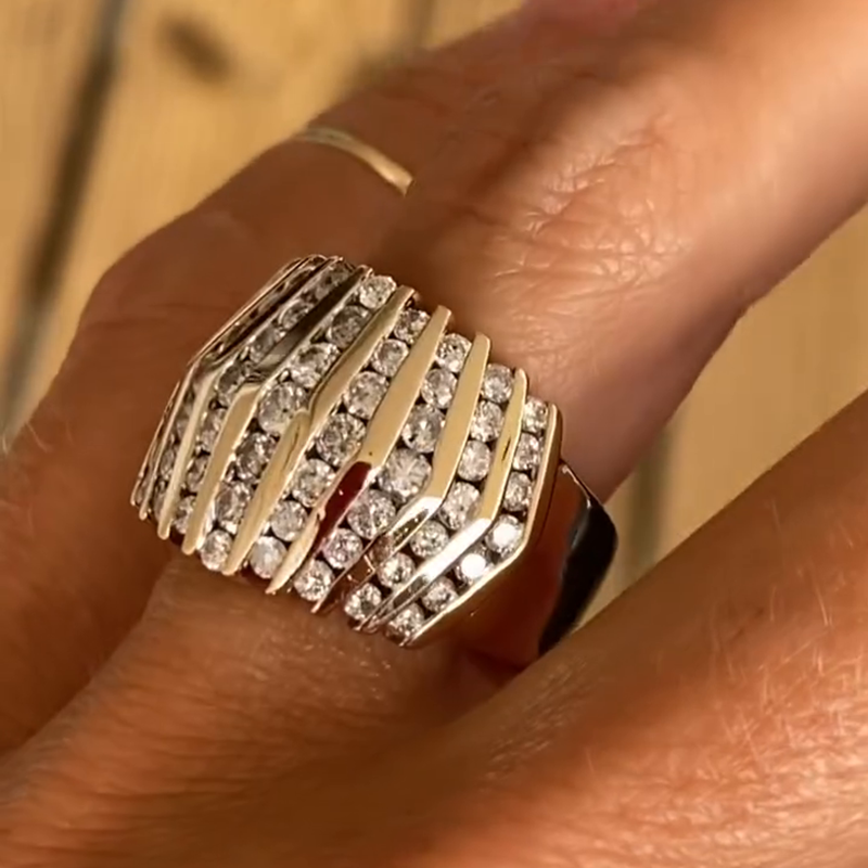 8.5ctw Round Cut White Sapphire Lines Handmade Yellow Gold Ring