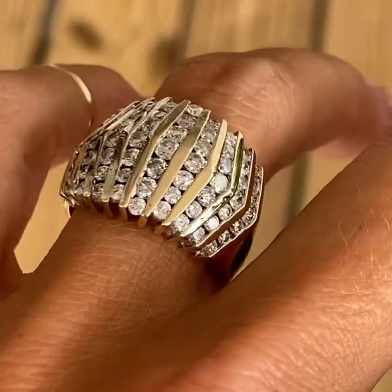 8.5ctw Round Cut White Sapphire Lines Handmade Yellow Gold Ring