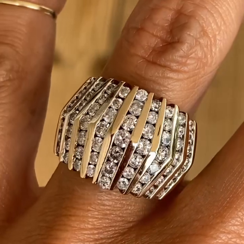 8.5ctw Round Cut White Sapphire Lines Handmade Yellow Gold Ring