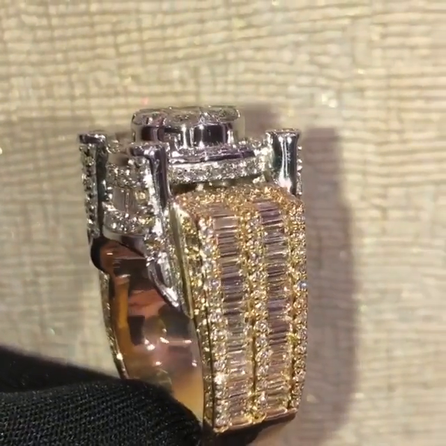 12ctw Round & Emerald Cut White Sapphire Two-Tone Handmade Men's Luxury Ring