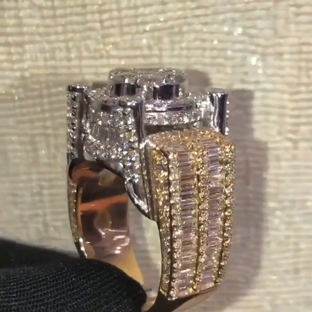 12ctw Round & Emerald Cut White Sapphire Two-Tone Handmade Men's Luxury Ring