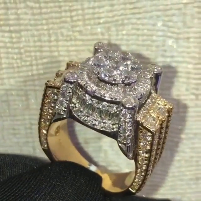 12ctw Round & Emerald Cut White Sapphire Two-Tone Handmade Men's Luxury Ring