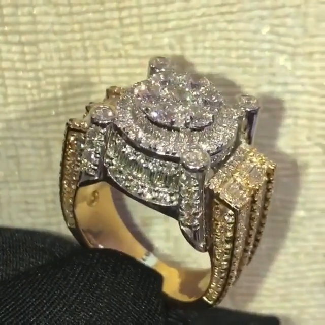 12ctw Round & Emerald Cut White Sapphire Two-Tone Handmade Men's Luxury Ring