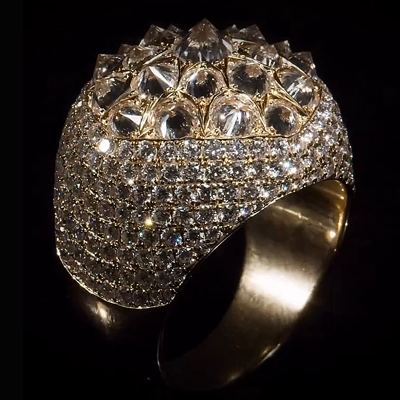 Inverted Round Cut White Sapphire Pave Set Yellow Gold Handmade Self Defense Men's Luxury Ring