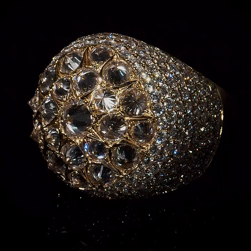 Inverted Round Cut White Sapphire Pave Set Yellow Gold Handmade Self Defense Men's Luxury Ring