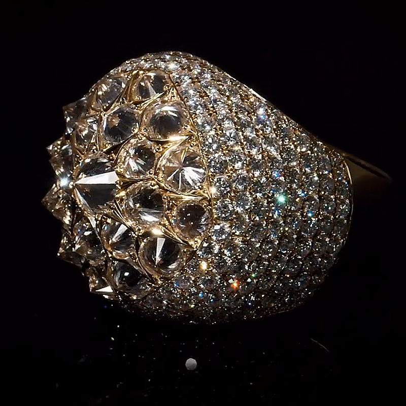 Inverted Round Cut White Sapphire Pave Set Yellow Gold Handmade Self Defense Men's Luxury Ring