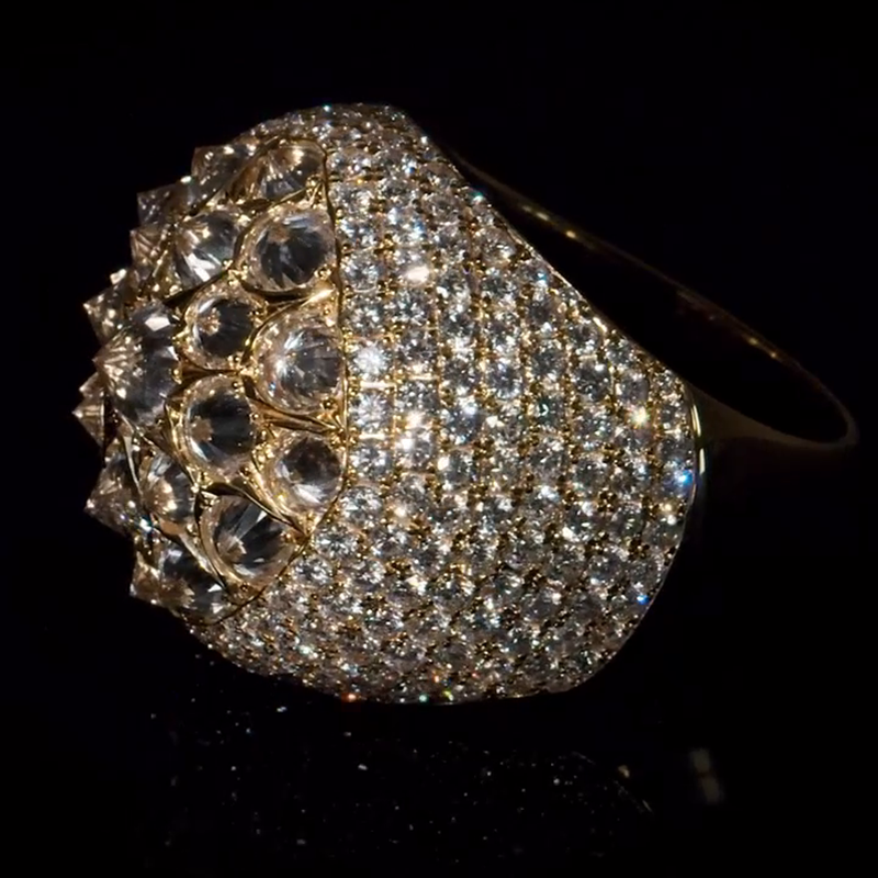 Inverted Round Cut White Sapphire Pave Set Yellow Gold Handmade Self Defense Men's Luxury Ring