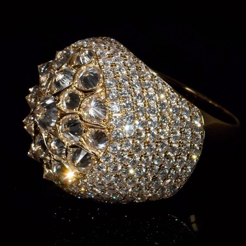 Inverted Round Cut White Sapphire Pave Set Yellow Gold Handmade Self Defense Men's Luxury Ring