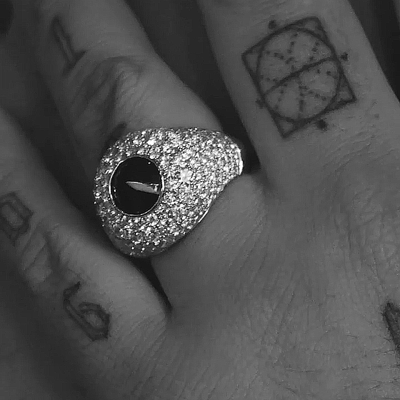 Inverted Round Cut Black Gemstone Pave Setting Self Defense Men's Pinky Ring