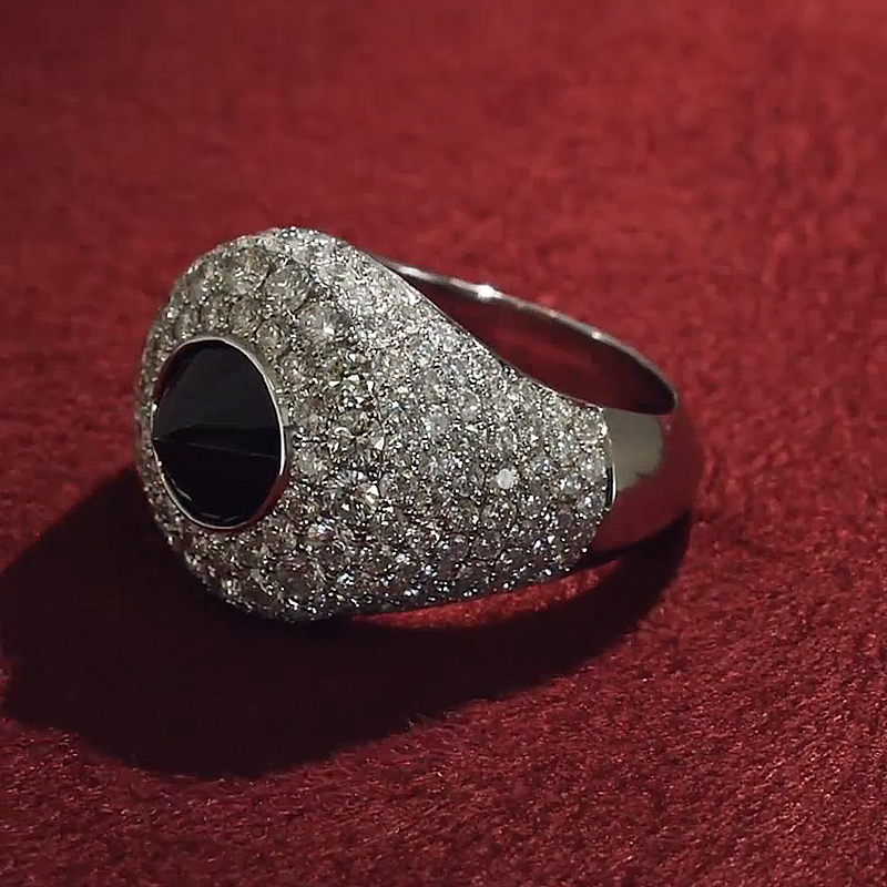 Inverted Round Cut Black Gemstone Pave Setting Self Defense Men's Pinky Ring