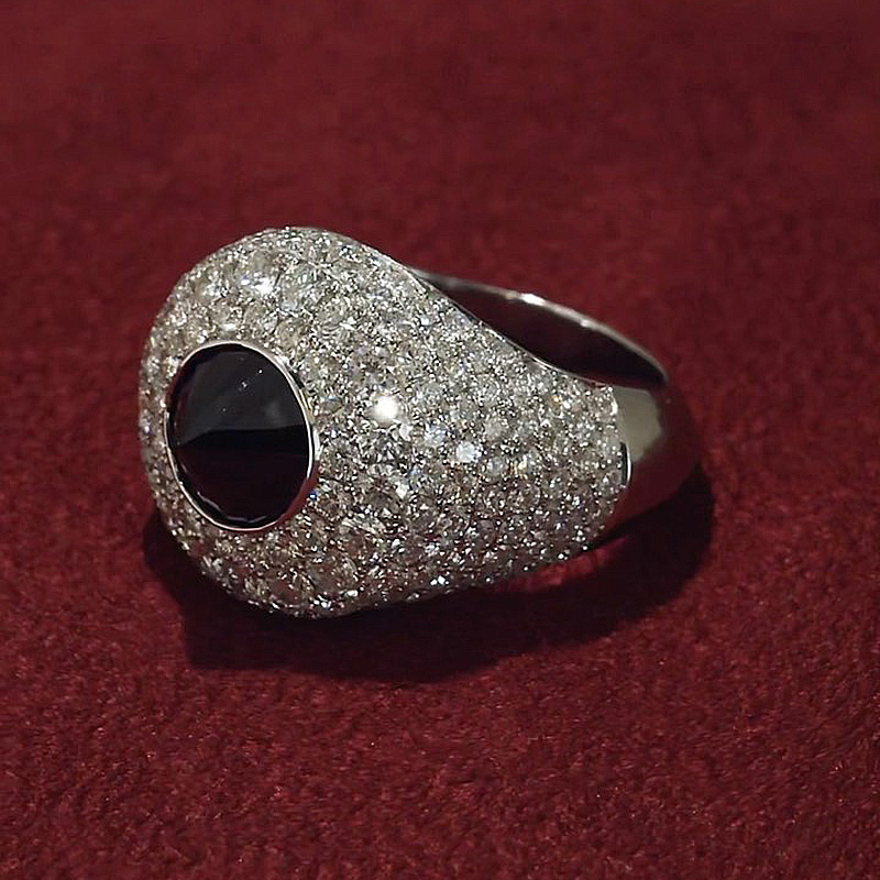 Inverted Round Cut Black Gemstone Pave Setting Self Defense Men's Pinky Ring