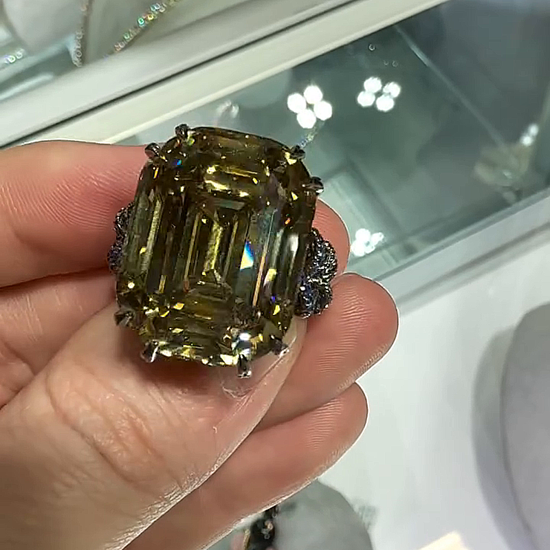 20ct Emerald Cut Brownish Yellow Gemstone Handmade Men's Unique Ring