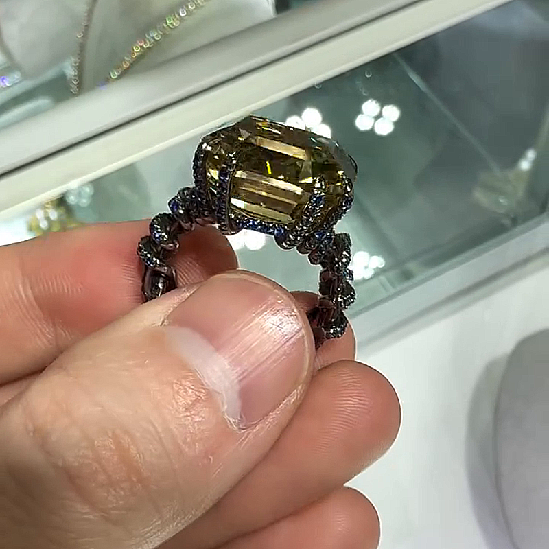 20ct Emerald Cut Brownish Yellow Gemstone Handmade Men's Unique Ring