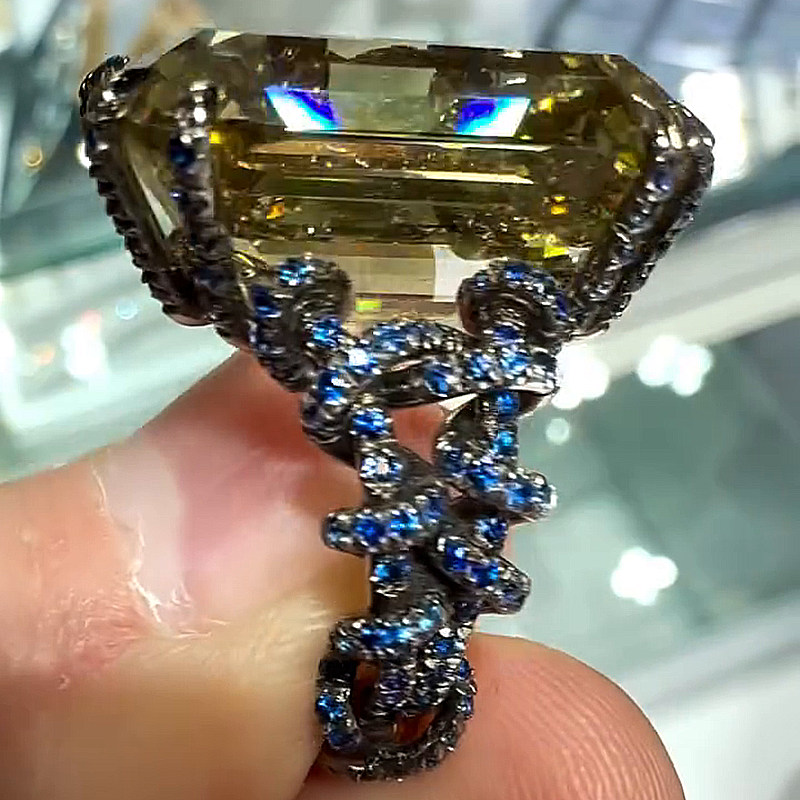 20ct Emerald Cut Brownish Yellow Gemstone Handmade Men's Unique Ring