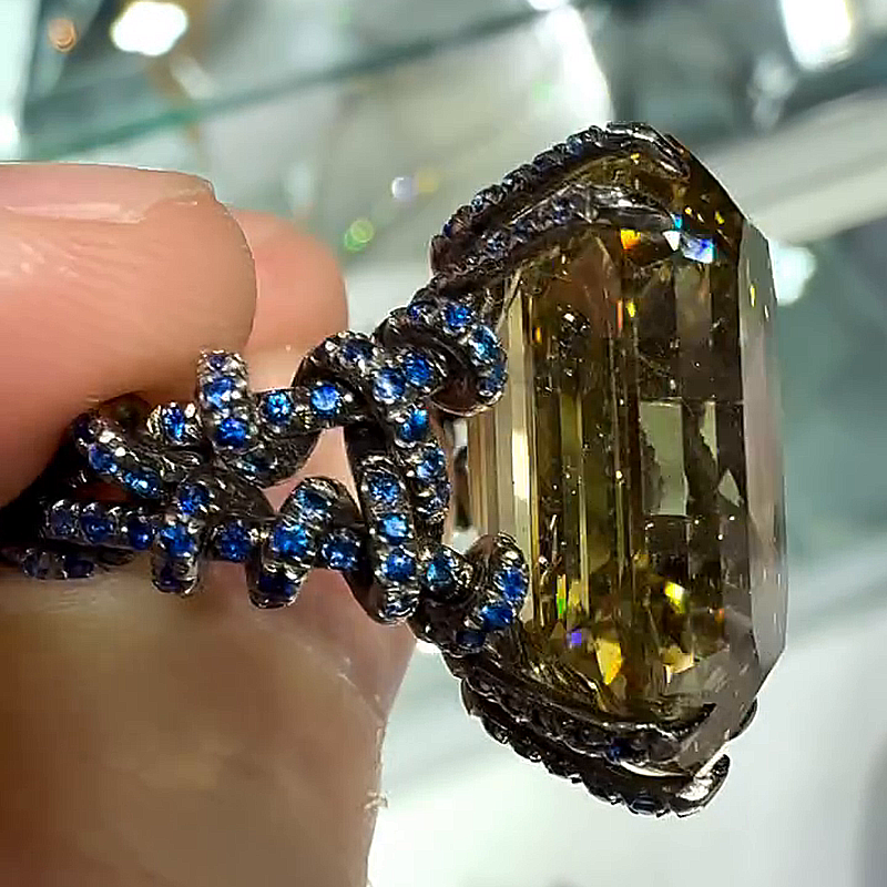 20ct Emerald Cut Brownish Yellow Gemstone Handmade Men's Unique Ring