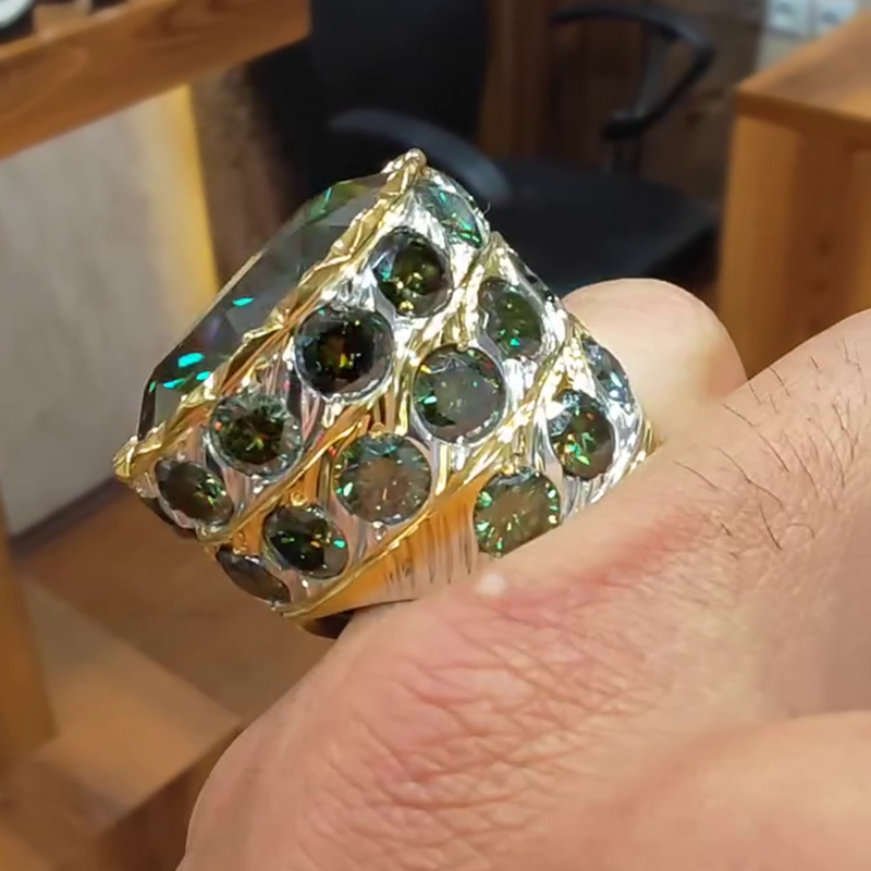 15ct Round Cut Emerald Green Two-Tone Vintage Handmade Men's Ring