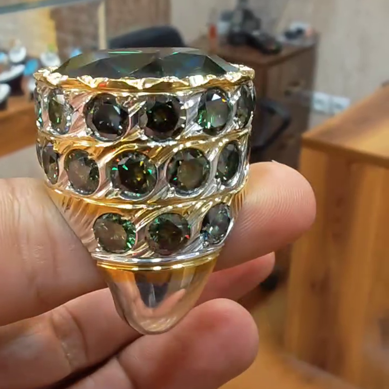 15ct Round Cut Emerald Green Two-Tone Vintage Handmade Men's Ring