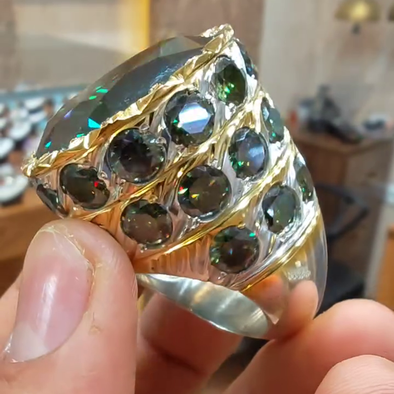 15ct Round Cut Emerald Green Two-Tone Vintage Handmade Men's Ring