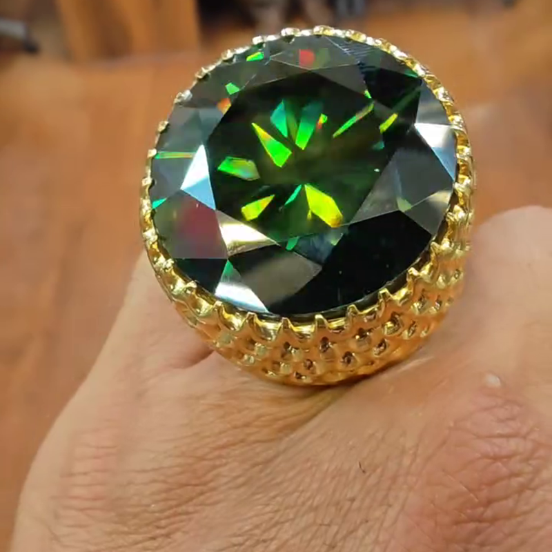 15ct Round Cut Emerald Green Hollow Yellow Gold Handmade Men's Ring