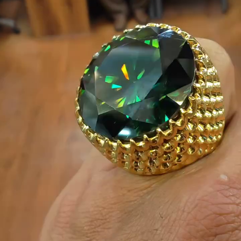 15ct Round Cut Emerald Green Hollow Yellow Gold Handmade Men's Ring