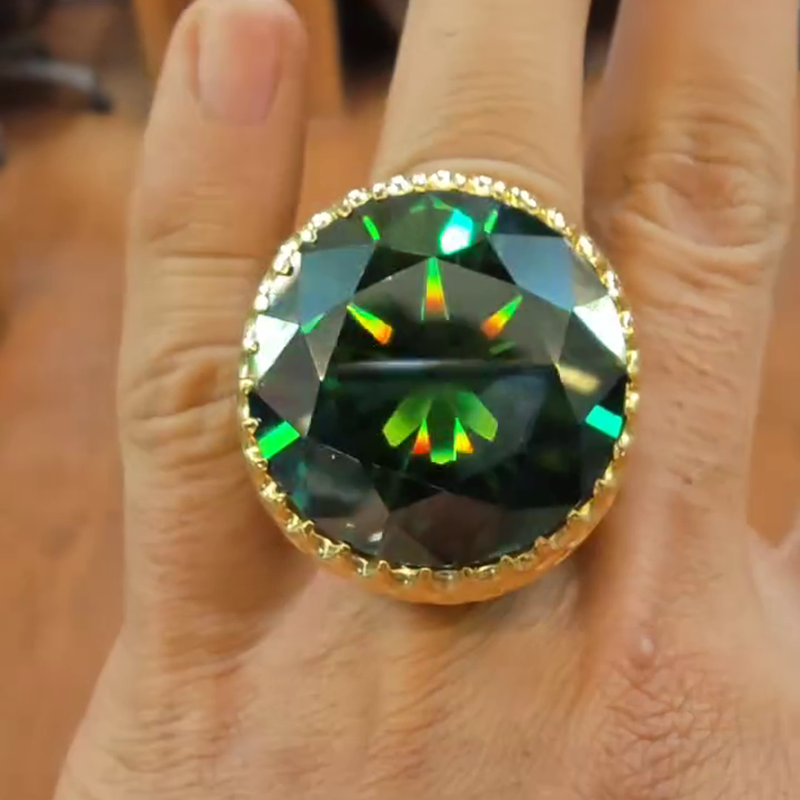 15ct Round Cut Emerald Green Hollow Yellow Gold Handmade Men's Ring