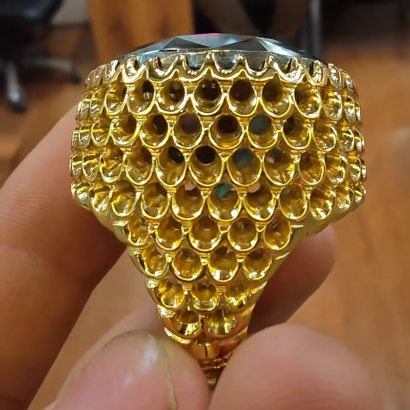 15ct Round Cut Emerald Green Hollow Yellow Gold Handmade Men's Ring