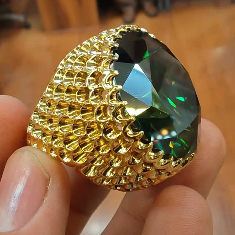 15ct Round Cut Emerald Green Hollow Yellow Gold Handmade Men's Ring