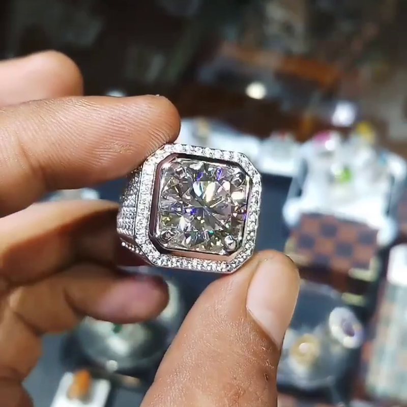 6.5ct Round Cut White Sapphire Halo Pave Set Handmade Men's Ring