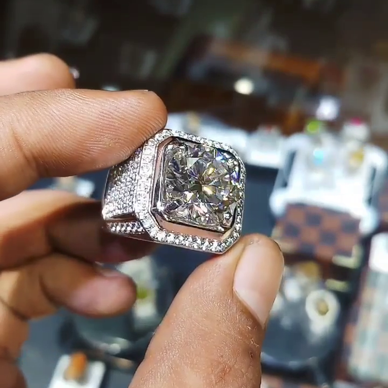 6.5ct Round Cut White Sapphire Halo Pave Set Handmade Men's Ring