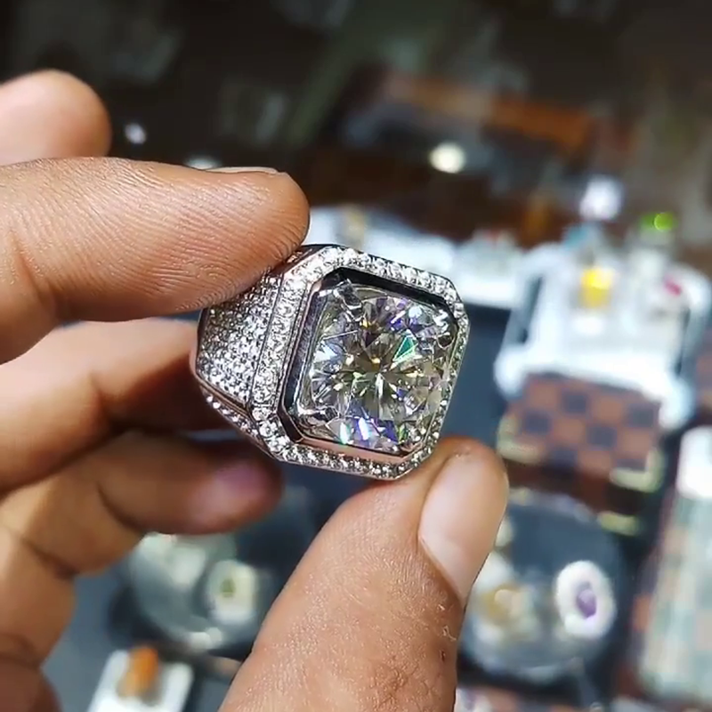 6.5ct Round Cut White Sapphire Halo Pave Set Handmade Men's Ring