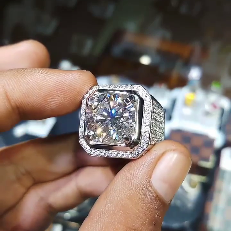 6.5ct Round Cut White Sapphire Halo Pave Set Handmade Men's Ring