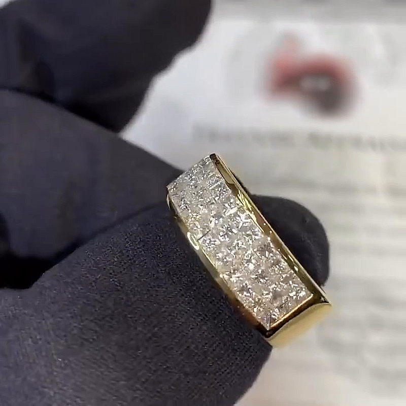 5ctw Princess Cut Invisible Setting Yellow Gold Handmade Men's Band Ring