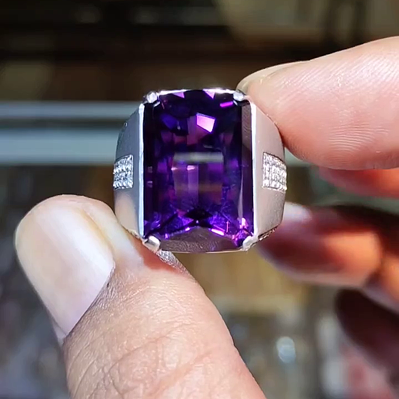 15ct Cushion Cut Amethyst Wide Handmade Men's Ring